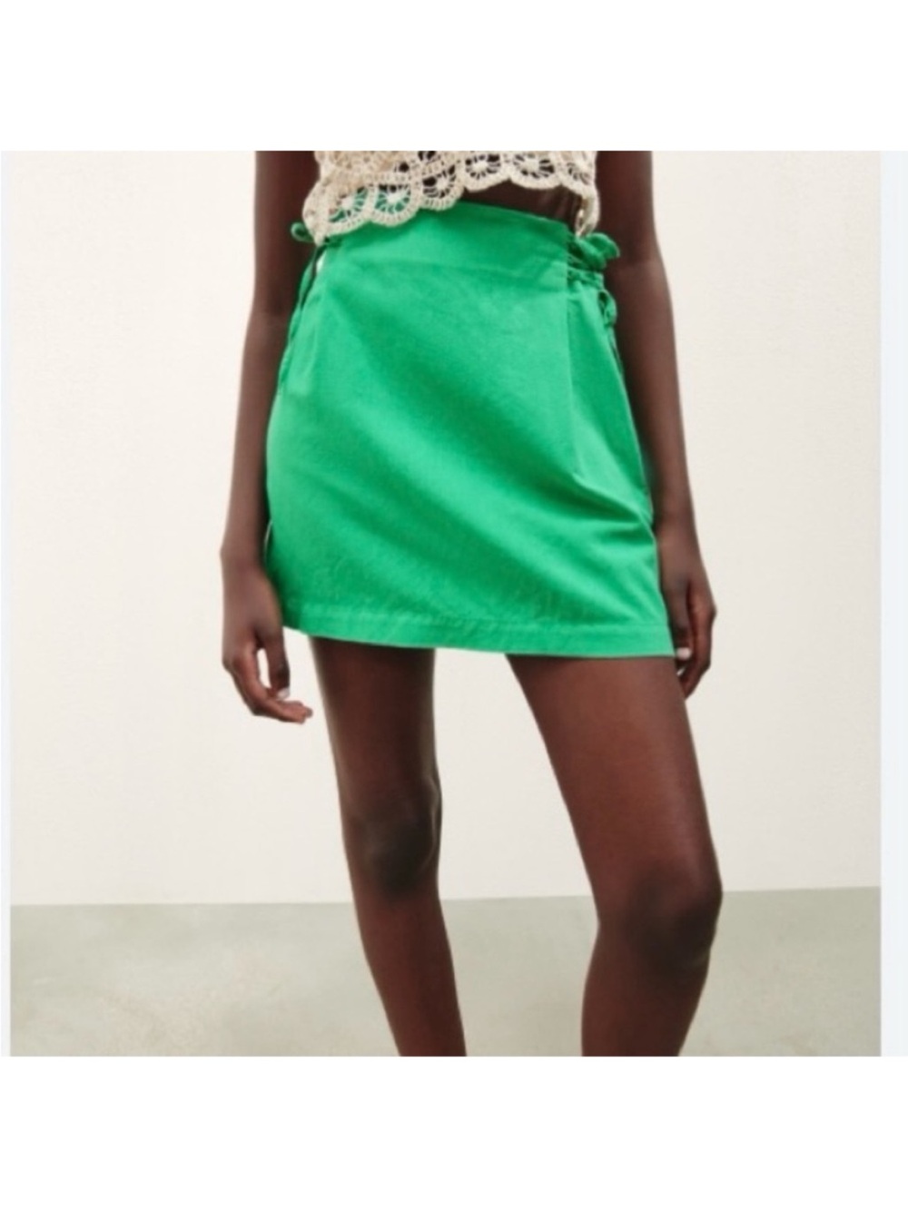 NWT Zara Green Tie-Side Linen Blend Mini Skirt Size Small